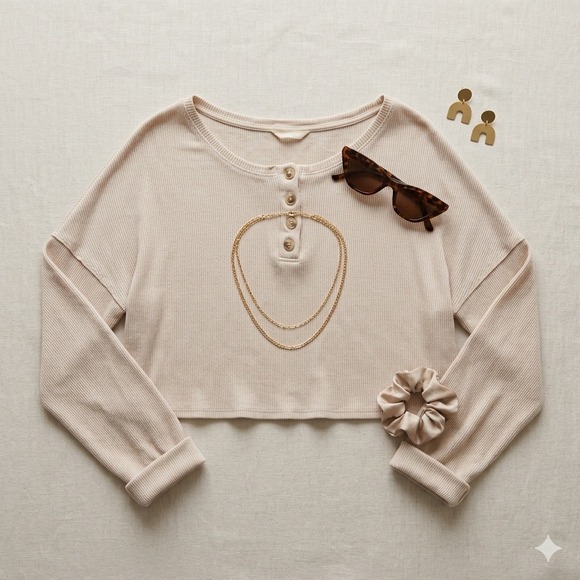 Sophie Rue Tops - Sophie Rue Henley Top Womens Medium Beige Waffle Knit Crop Long Sleeve Casual